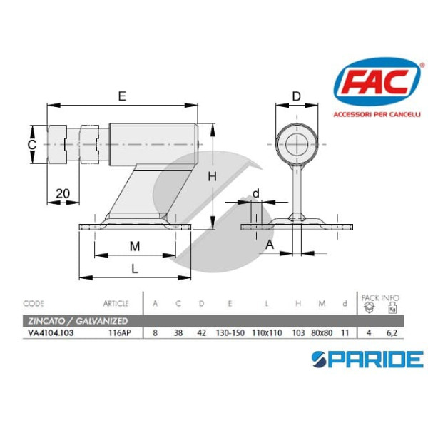 BATTENTE DI ARRESTO A TERRA 116AP CON PIASTRA A FISSARE FAC VA4104103