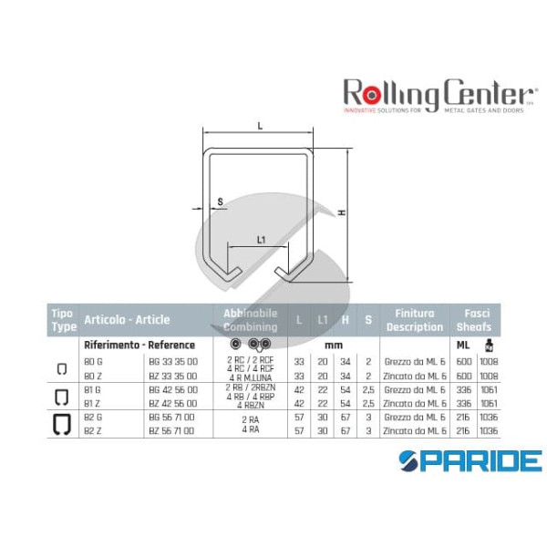 BINARIO 57X67X30 82Z ZINCATO MT 6 PER PORTONI SCORREVOLI ROLLING CENTER