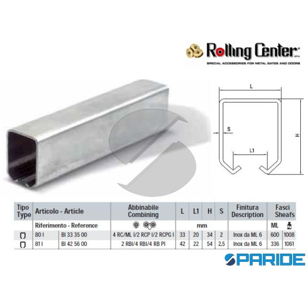 BINARIO INOX 33X34X20 80 I MT6 ROLLING CENTER