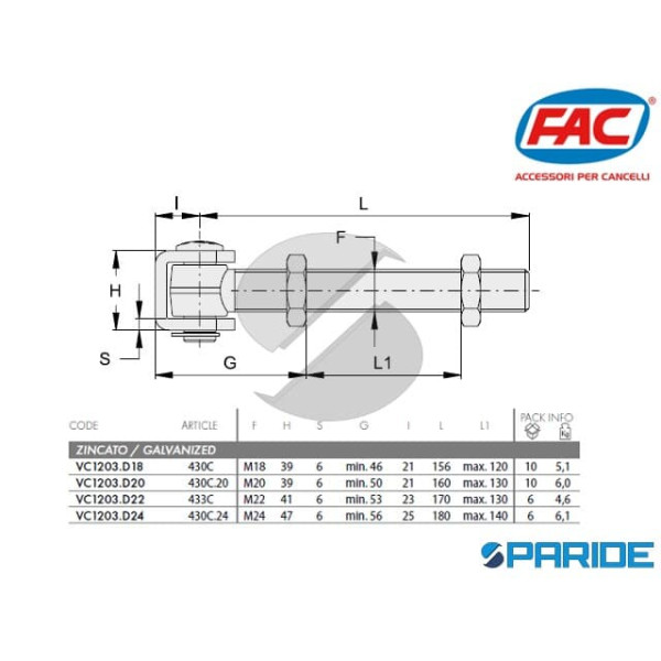 CARDINE A SALDARE BARRA LUNGA 430C 24 M24 FAC ZINCATO VC1203D24