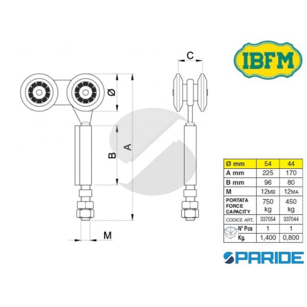 CARRELLO 4 RUOTE 337 54 CON 4 CUSCINETTI IBFM CON CERNIERA