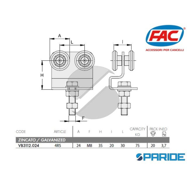 CARRELLO 4 RUOTE D 24 MM CON SUPPORTO E PERNO VB3112024 FAC
