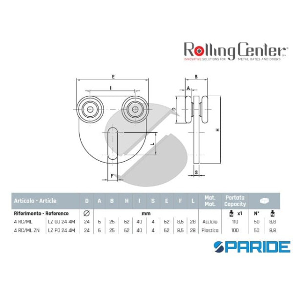 CARRELLO 4 RUOTE D 24 MM IN NYLON 4RC MLZN CON PIASTRA ROLLING CENTER