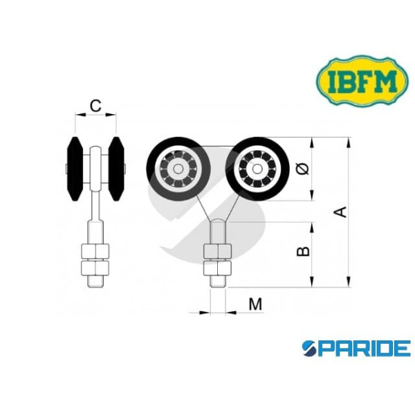 CARRELLO 4 RUOTE NYLON 331N 44 CON 4 CUSCINETTI IBFM FISSO