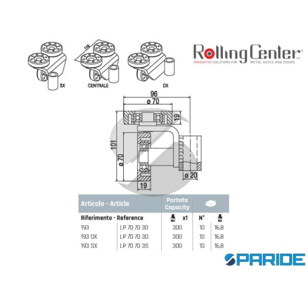 CARRELLO A 3 RUOTE 193 DX IN NYLON PER PORTONI A LIBRO ROLLING CENTER
