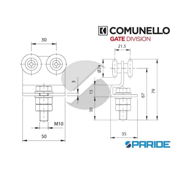 CARRELLO A 4 RUOTE IN NYLON 41-24 CON STAFFA COMUNELLO