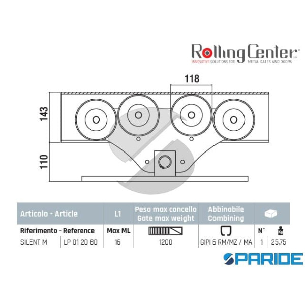 CARRELLO MAGNUM SILENT M PER CANCELLI AUTOPORTANTI ROLLING CENTER