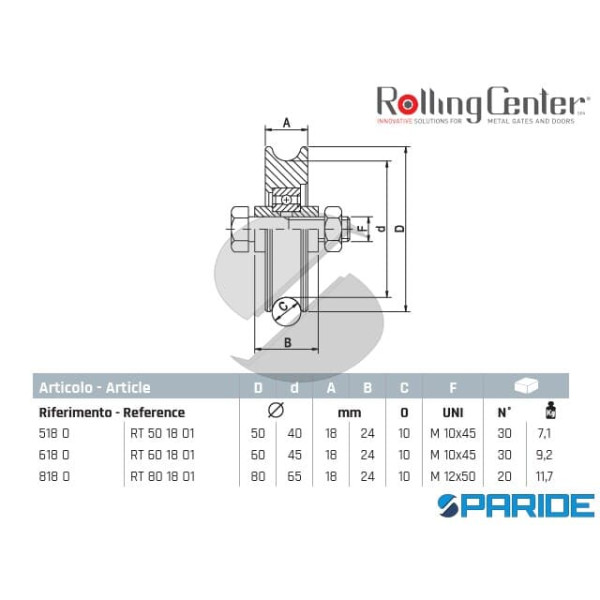 CARRUCOLA D 80 818 O 1 CUSCINETTO ROLLING CENTER