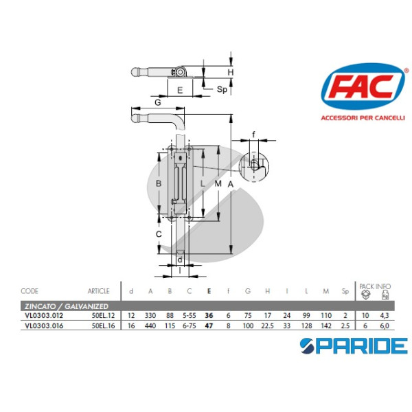 CATENACCIO D 12 LUNGO 330 MM TONDO 50EL12 CON PIASTRA A FISSARE FAC VL0303012