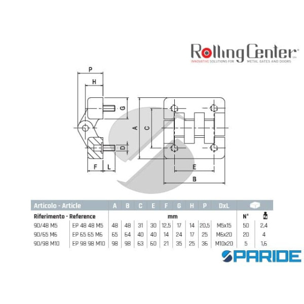 CERNIERA 90 65 M6 IN NYLON CON PERNO FILETTATO ROLLING CENTER