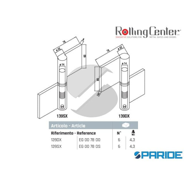 CERNIERA A SALDARE 139DX A 2 ALI CON PERNO REGOLABILE ROLLING CENTER