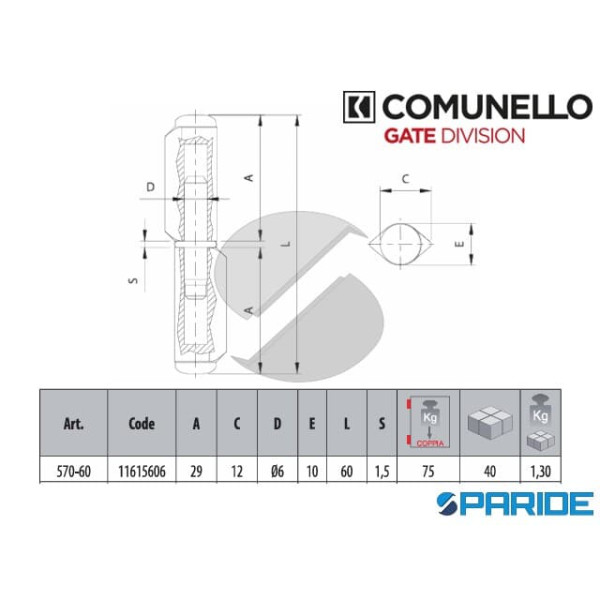 CERNIERA A SALDARE 60 MM 570-60 GREZZO CON PERNO FISSO COMUNELLO