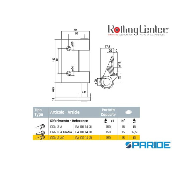 CERNIERA IN LEGA LEGGERA CRN3A PIANA CON 1 ALA E CUSCINETTO INFERIORE PER PORTONI