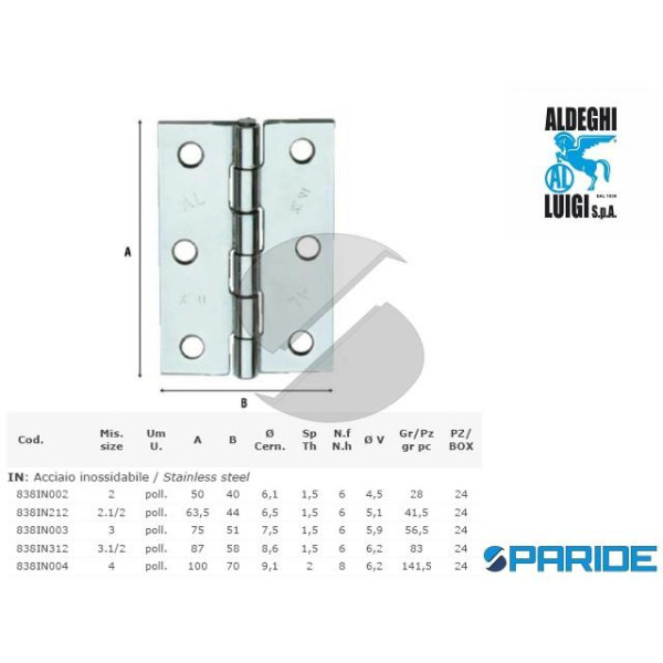 CERNIERA PERNO FISSO 100X70 INOX 838IN004 ALDEGHI