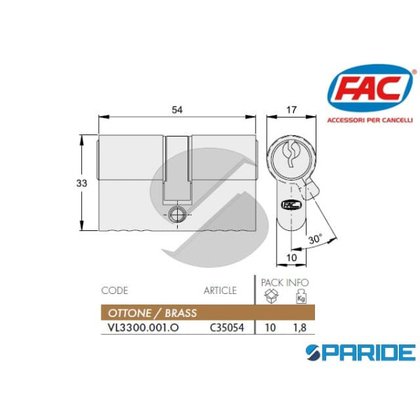 CILINDRO DOPPIO L 54 SAGOMATO OTTONE FAC 27-27 VL3300