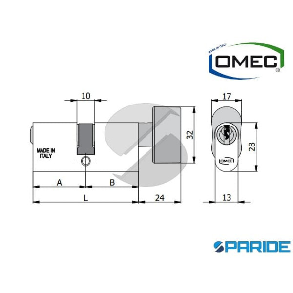 CILINDRO OVALE CON POMOLO L 54 143 27 27B OMEC ALLUMINIO A=27 B=27