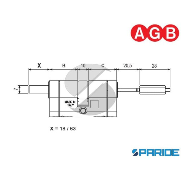 CILINDRO PER POMOLO L 60 MM CP72262525 AGB B=30 C=30 NICHELATO 5 CHIAVI + 1 CANTIERE