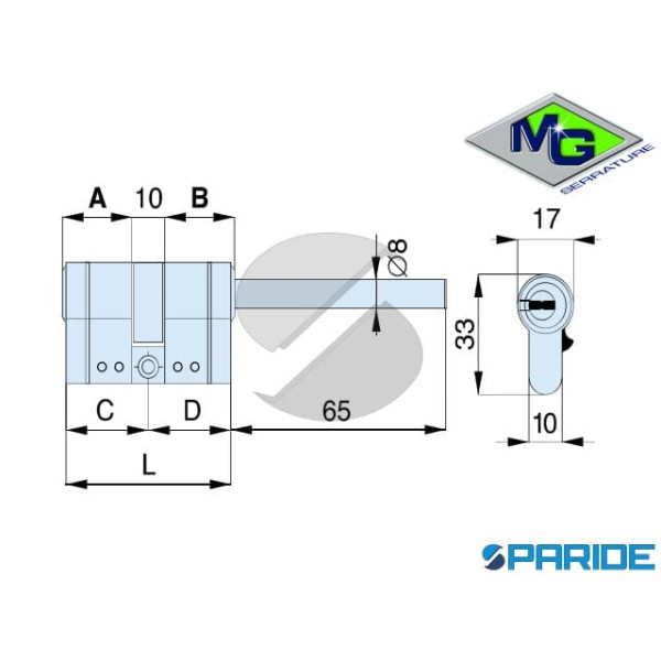 CILINDRO PER POMOLO L 65 ST MG SERRATURE C=35 D=30 NICHELATO