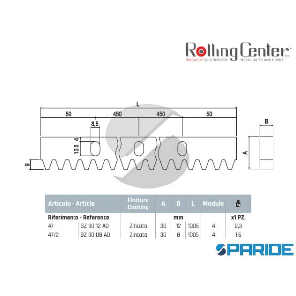 CREMAGLIERA 47 ZINCATA 30X12 ASOLATA PER CANCELLO ROLLING CENTER
