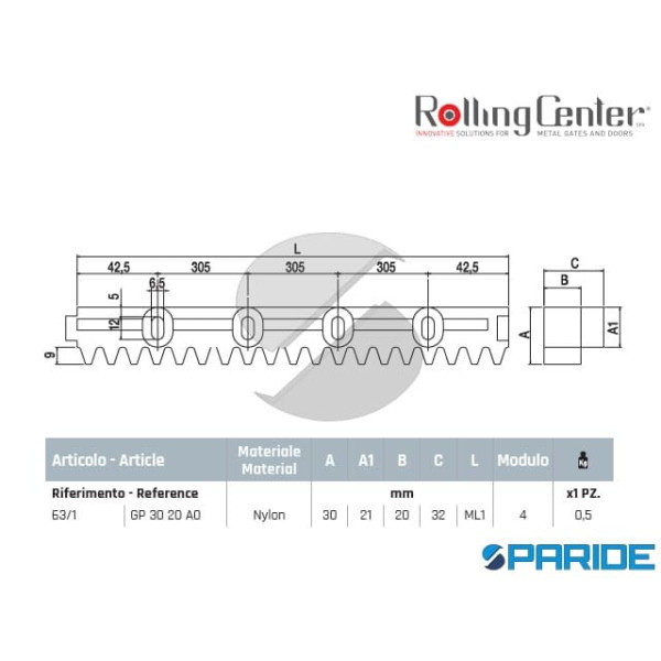 CREMAGLIERA 63 1 IN NYLON 30X20 CON ASOLA E DISTANZIALI ROLLING CENTER