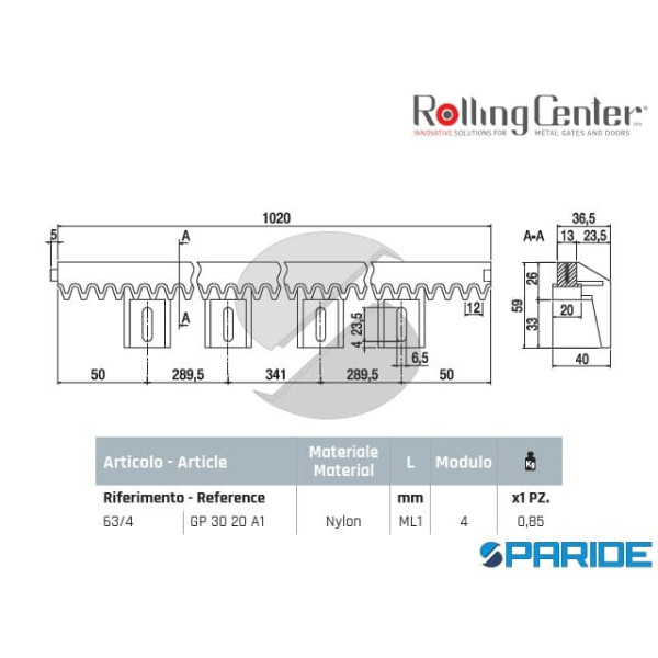 CREMAGLIERA 63 4 IN NYLON 30X20 CON ANIMA IN ACCIAIO ROLLING CENTER