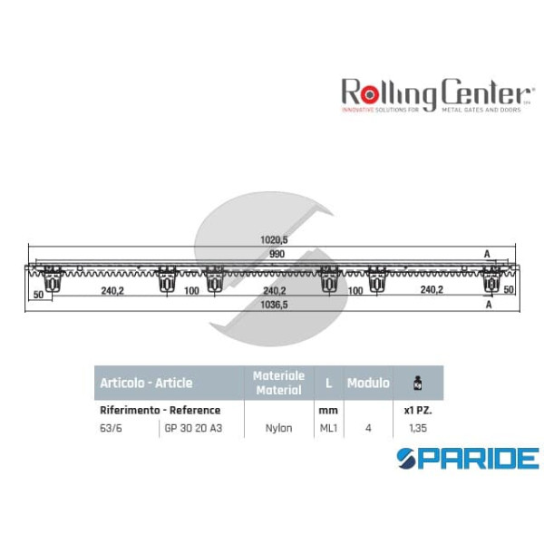CREMAGLIERA 63 6 IN NYLON 30X20 CON ANIMA IN ACCIAIO ROLLING CENTER