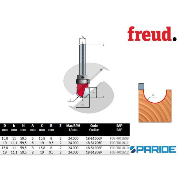 FRESA R 9,5 MM GAMBO 6 LEGNO 18-51206P FREUD