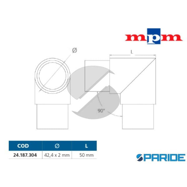 GIUNZIONE SALDATA A 90 PER TUBO 42,4X2 MM IN ACCIAIO INOX AISI 304 SATINATO MPM