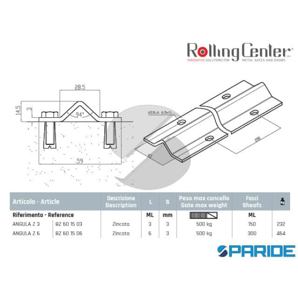 GUIDA ANGULA Z 3 ZINCATA 3 ML ROLLING CENTER