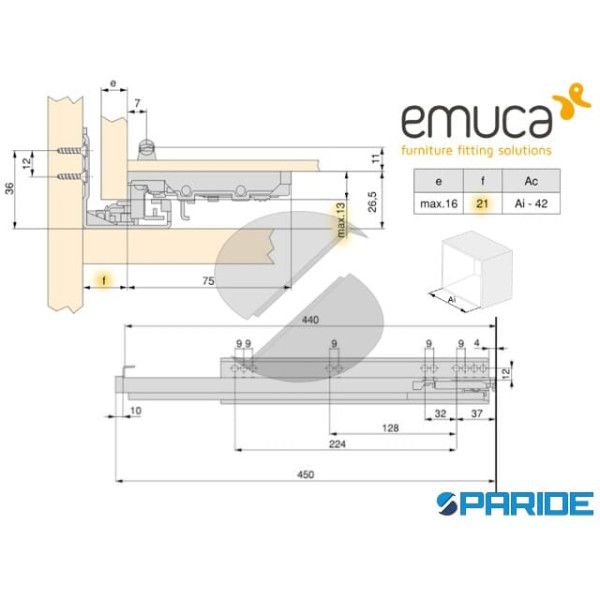 GUIDA PER CASSETTI SILVER L 450 MM A SCOMPARSA AD ESTRAZIONE TOTALE SOFT 3127405 EMUCA