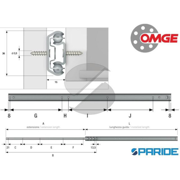 GUIDA PER CASSETTI 351 55 CM SU SFERE OMGE