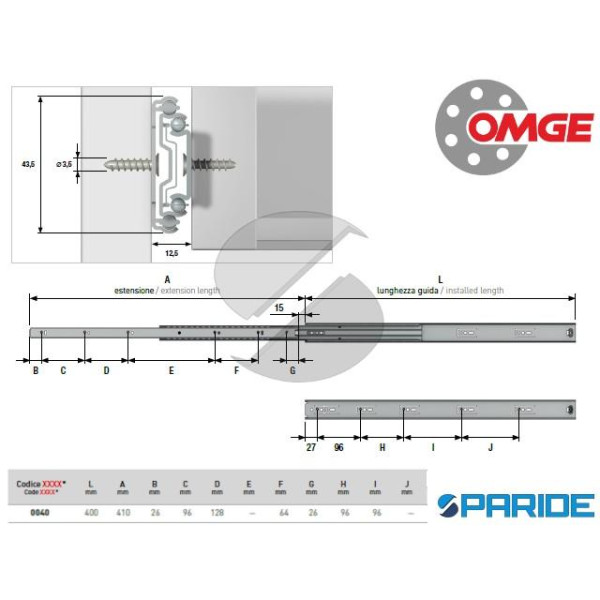 GUIDA PER CASSETTI ZINCATA 825 40 CM OMGE