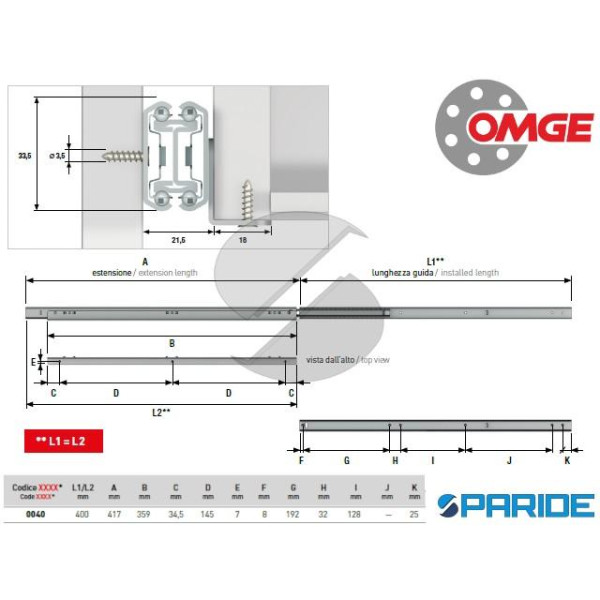 GUIDA PER CASSETTI ZINCATA 860 40 CM OMGE