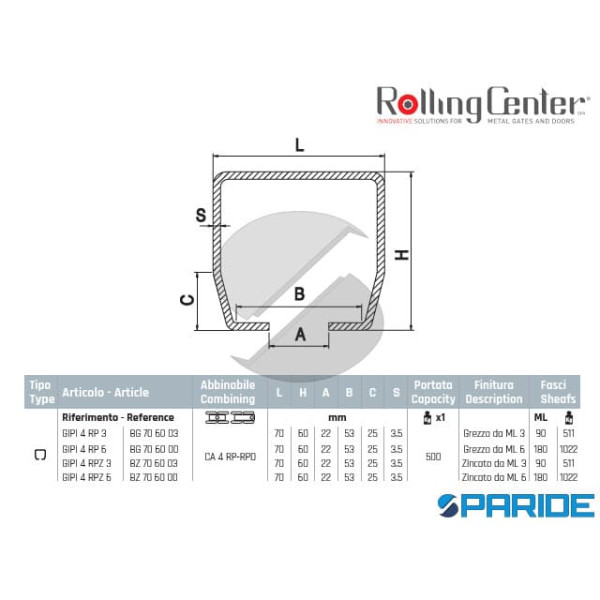 GUIDA PICCOLA 70X60 GIPI4RPZ 3 MT ROLLING CENTER PER PORTONI SCORREVOLI