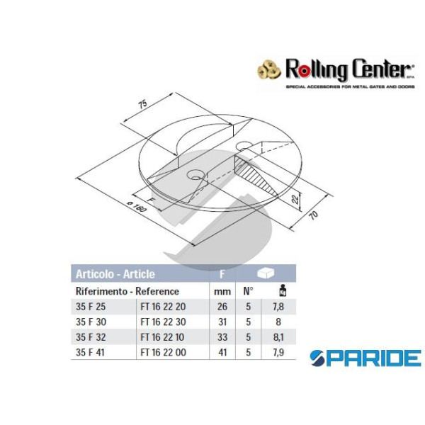INCONTRO D 160X22 MM 35 F 25 ROLLIN CENTER PER PORTONI A LIBRO