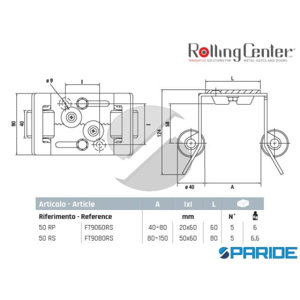 INCONTRO SUPERIORE 50RS 80-150 MM REGOLABILE CON RULLI ROLLING CENTER