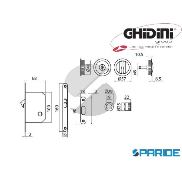 KIT 1B PER PORTE SCORREVOLI CROMO SATINATO CON SERRATURA 6GM98718813 GHIDINI