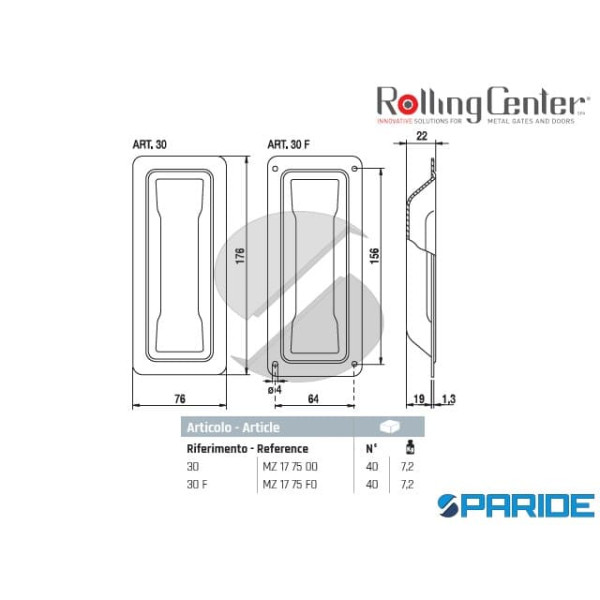 MANIGLIA AD INCASSO 30 PER PORTONI ROLLING CENTER