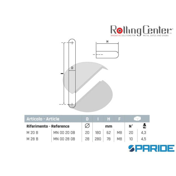 MANIGLIA DRITTA M28B CON BOCCOLE ROLLING CENTER