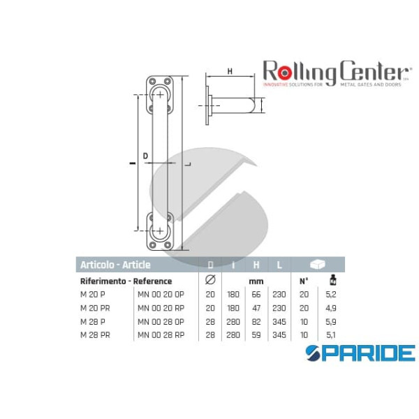 MANIGLIA DRITTA M28PR CON PIASTRA ROLLING CENTER