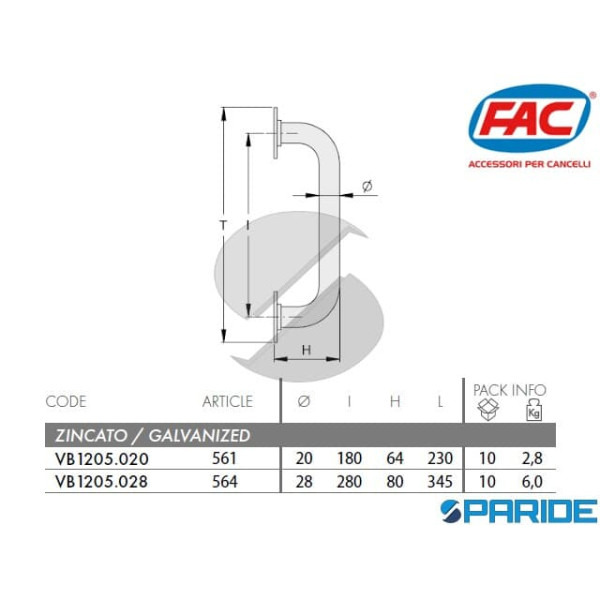 MANIGLIA FLANGIATA D 20 NERA 2 CURVE 571 FAC VB1205020V