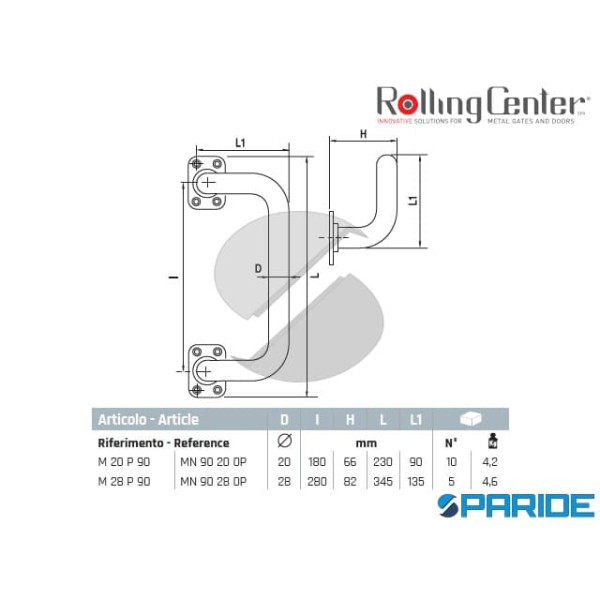 MANIGLIA M20P90 90 GRADI CON PIASTRA ROLLING CENTER