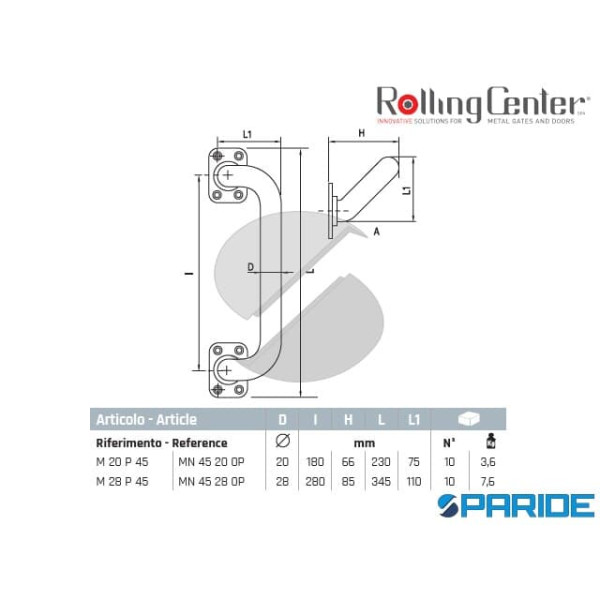 MANIGLIA M28P45 45 GRADI CON PIASTRA ROLLING CENTER