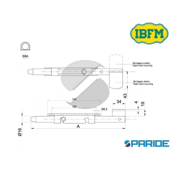PALETTO ROTONDO 68\A L 500 MM DI SICUREZZA PER CANCELLI A BATTENTE IBFM