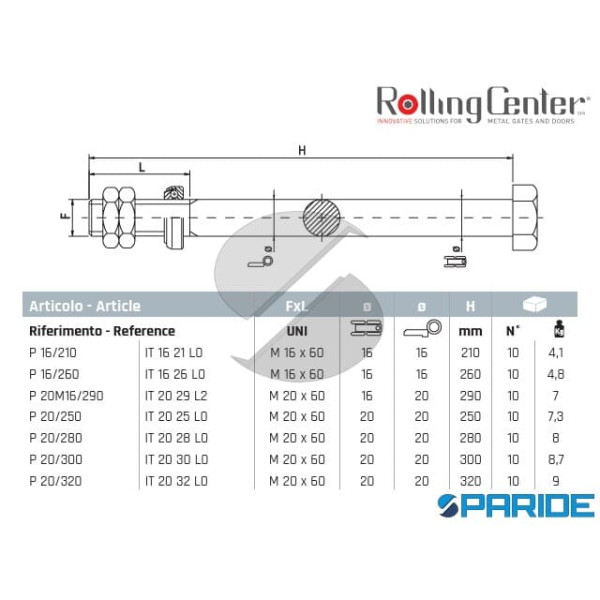 PERNO P16 260 PER PORTONI A LIBRO ROLLING CENTER