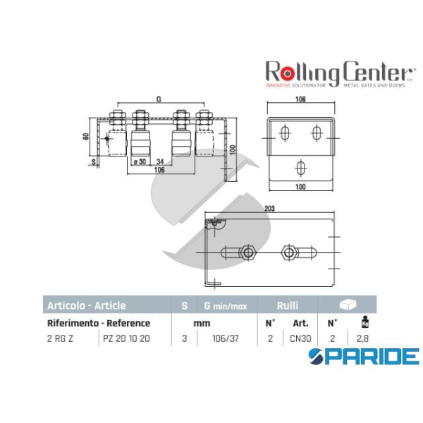 PIASTRA 2RGZ CON RULLI GUIDA DA TASSELLARE A MURO ROLLING CENTER