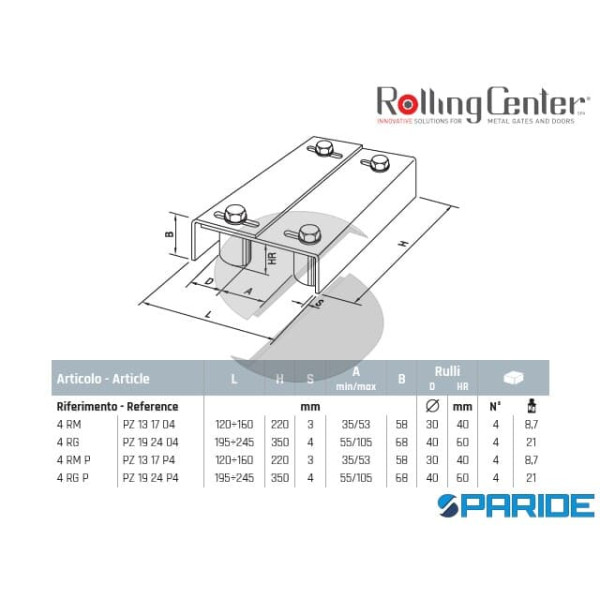 PIASTRA 4RG CON RULLI GRANDE PER CANCELLO ROLLING CENTER
