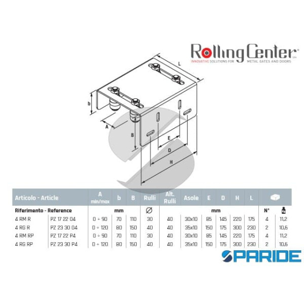 PIASTRA 4RMR GUIDA MEDIA 4 RULLI REGOLABILI ZINCATA BIANCA ROLLING CENTER
