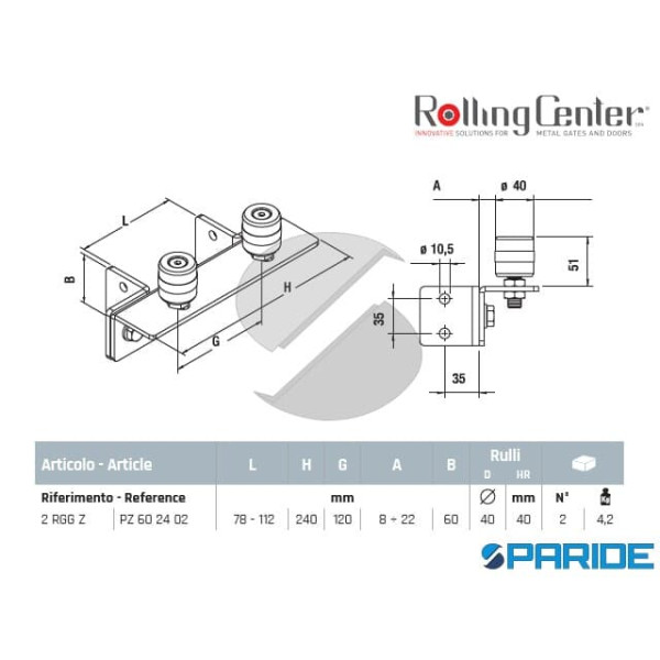 PIASTRA CON RULLI 2 RGG Z REGOLABILE PER GUIDA CANCELLI SCORREVOLE ROLLING CENTER
