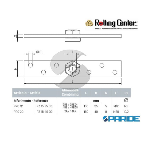 PIASTRA GIREVOLE 150X40 MM PRC20 ROLLING CENTER CON DADO M20 E CUSCINETTO ZINCATA